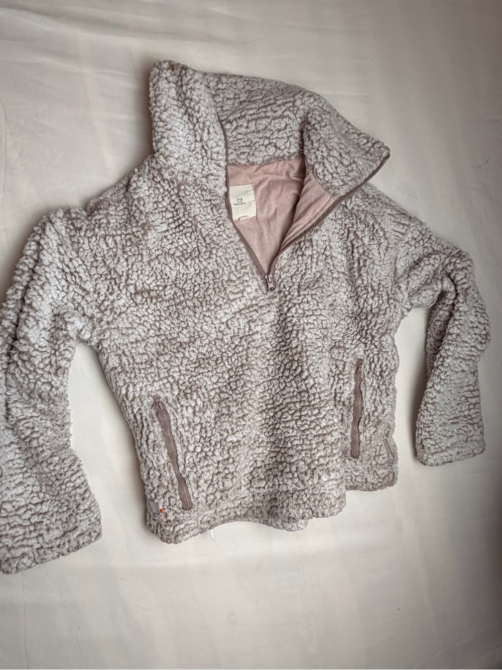 Thread & Supply Kids Sherpa Half-Zip Pullover in Light Gray with Pink Lining